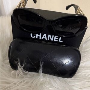 Black Sunglasses with Gold Chain Detail